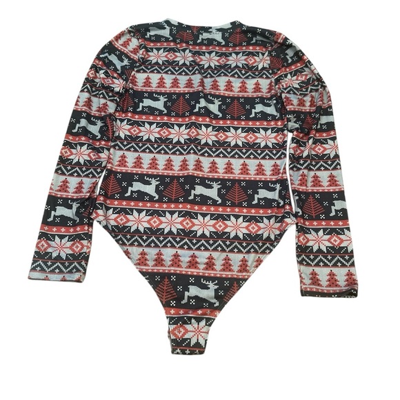Nanamacs Holiday Bodysuit Size Large Black Red Gray Long Sleeve Henley Stretch - Picture 3 of 11